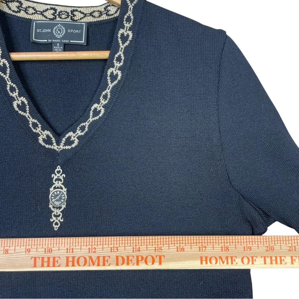 St John Sport By Marie Gray Women Sweater black V neck gold embroidered clock S - Picture 9 of 10